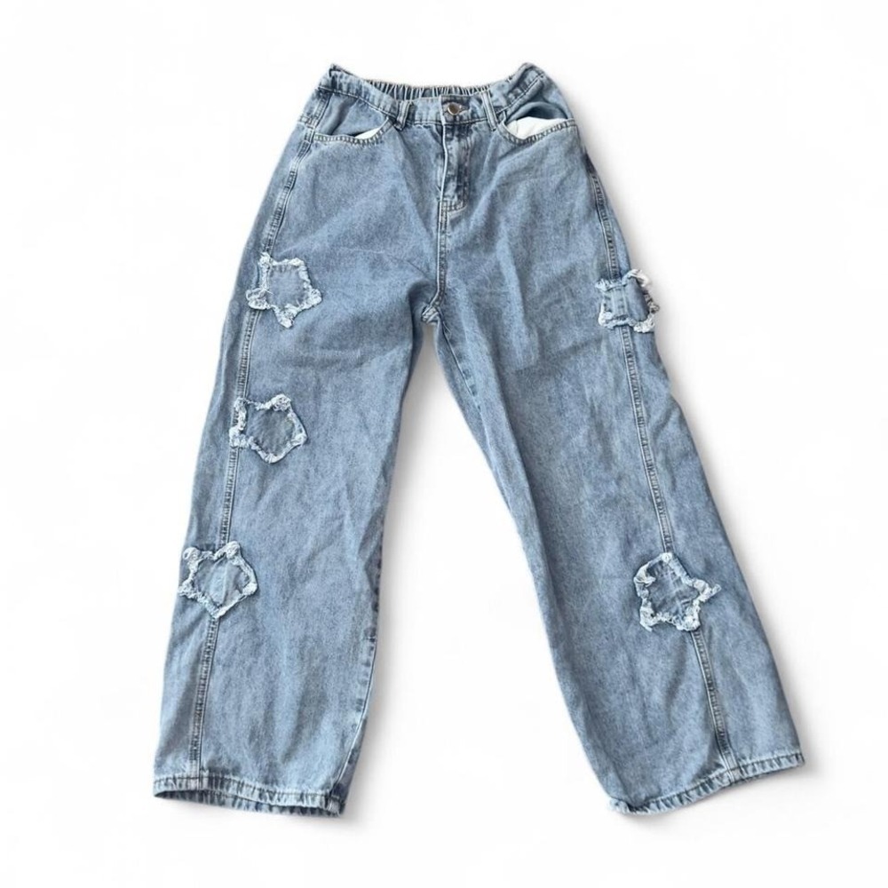 Star Patch Ripped Jeans - Women's/Juniors - Size Small - Blue Denim Wide Leg